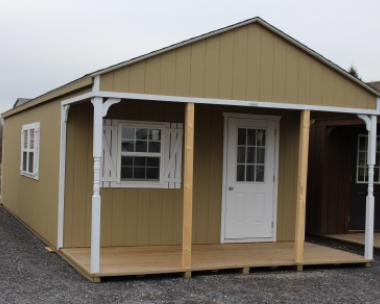 14x32 Peak White Deer Cabin with Buckskin walls, White trim, and shutters, and Barkwood shingles