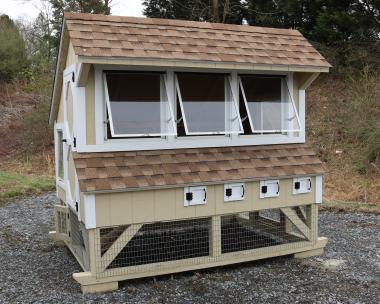 Pine Creek 6x8 Chicken Coop with Beige walls, White trim, and Shakewood shingles