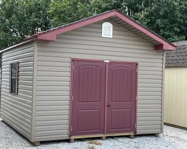 12x14 Vinyl Peak Front With work Bench & Peg Board 