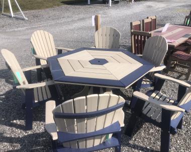 hexagon table with 6 fan back dining chairs